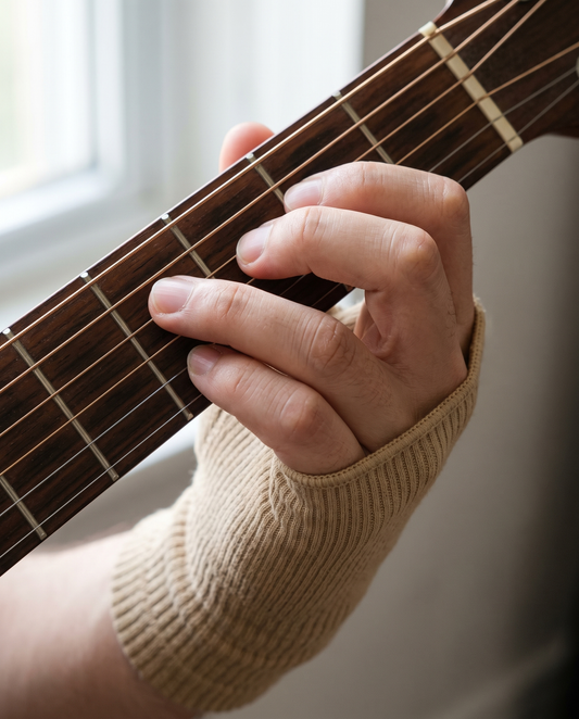 A hand wearing the beige knit thumb sleeve fretting an acoustic guitar neck, all four fingers bare and the thumb behind the neck