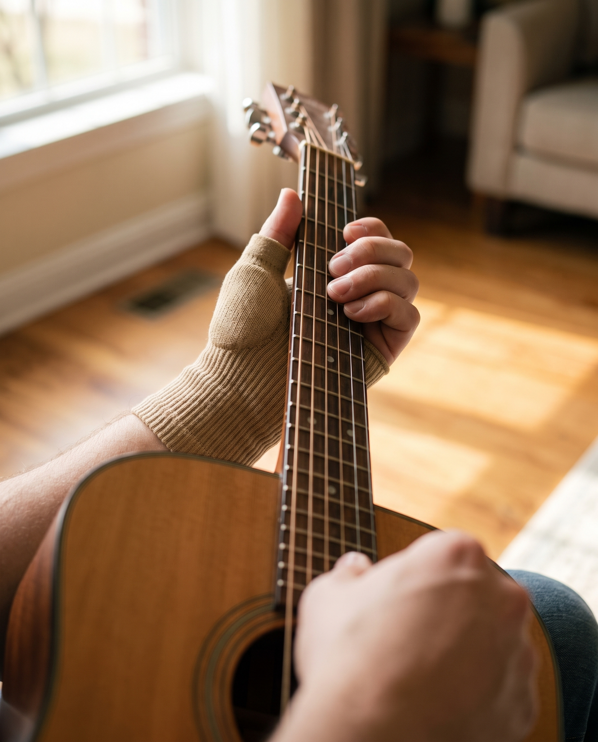 Seated player's view down the neck of an acoustic guitar, the fretting hand wearing the beige knit thumb sleeve with all four fingers bare