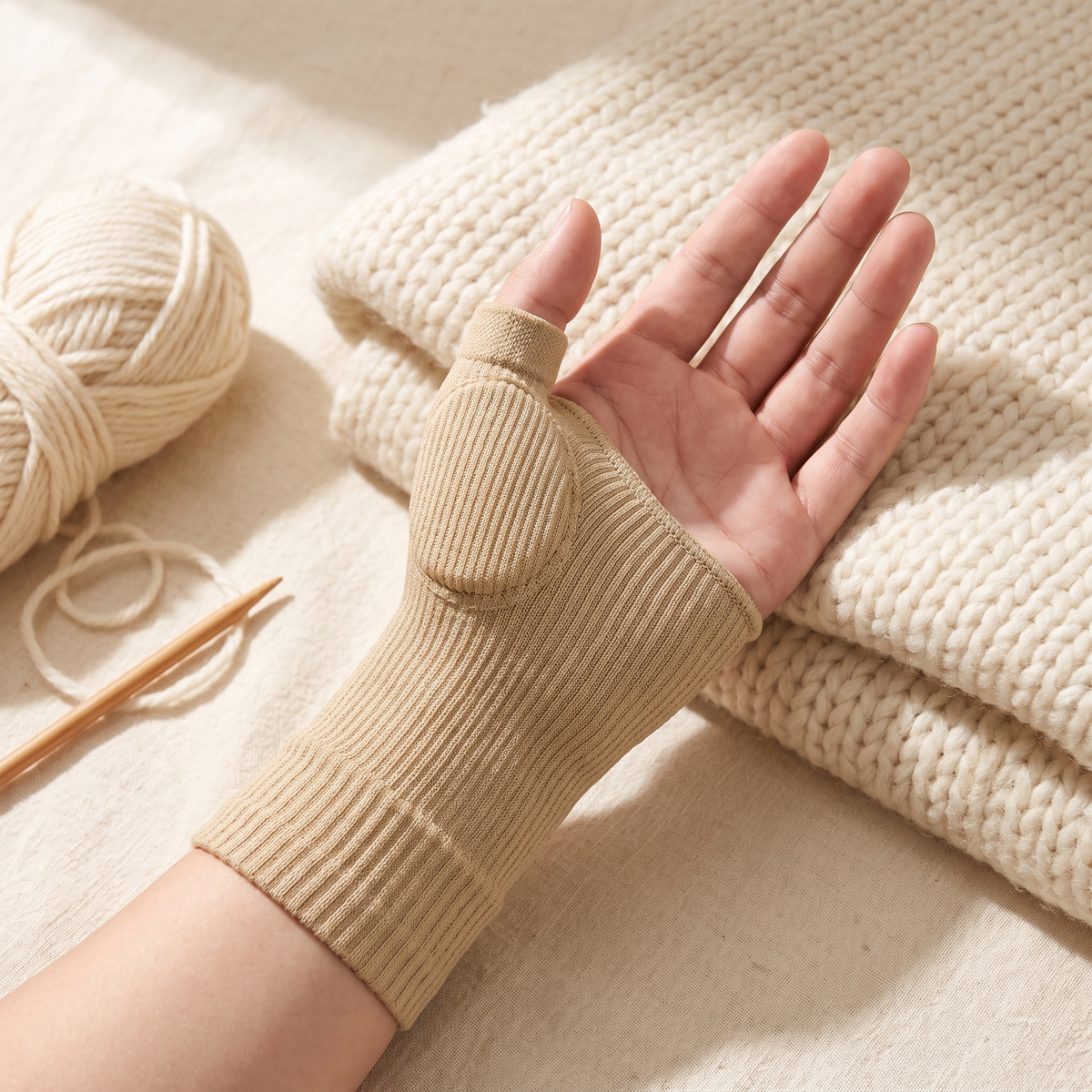 Palm-up view of the thumb sleeve showing the cushioned pad over the base of the thumb