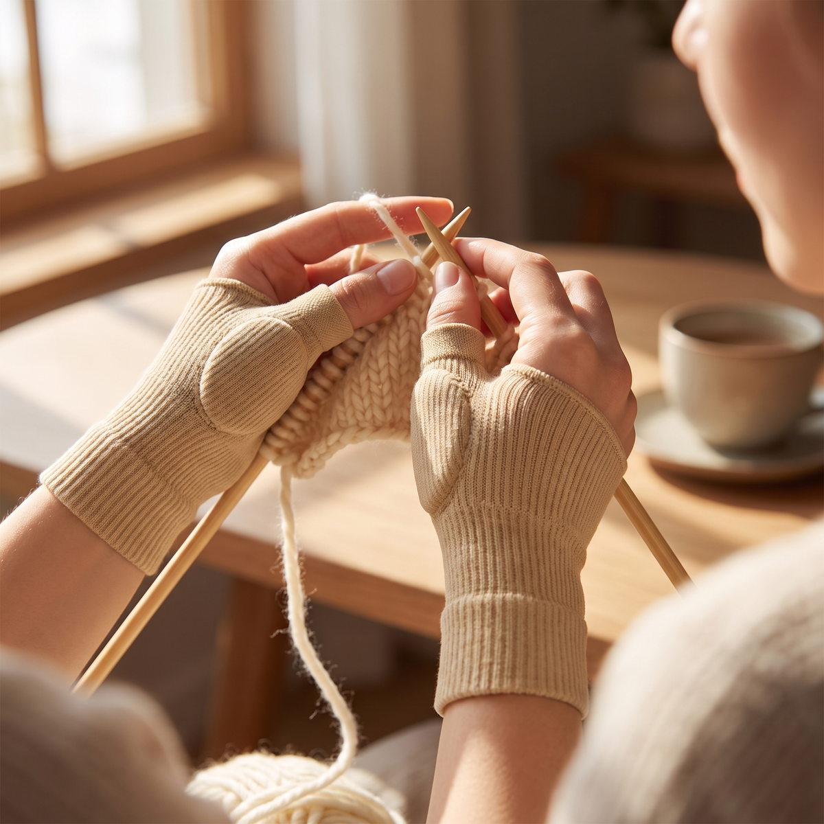 A knitter mid-stitch wearing the thumb sleeves, fingers and thumbs free to work the yarn