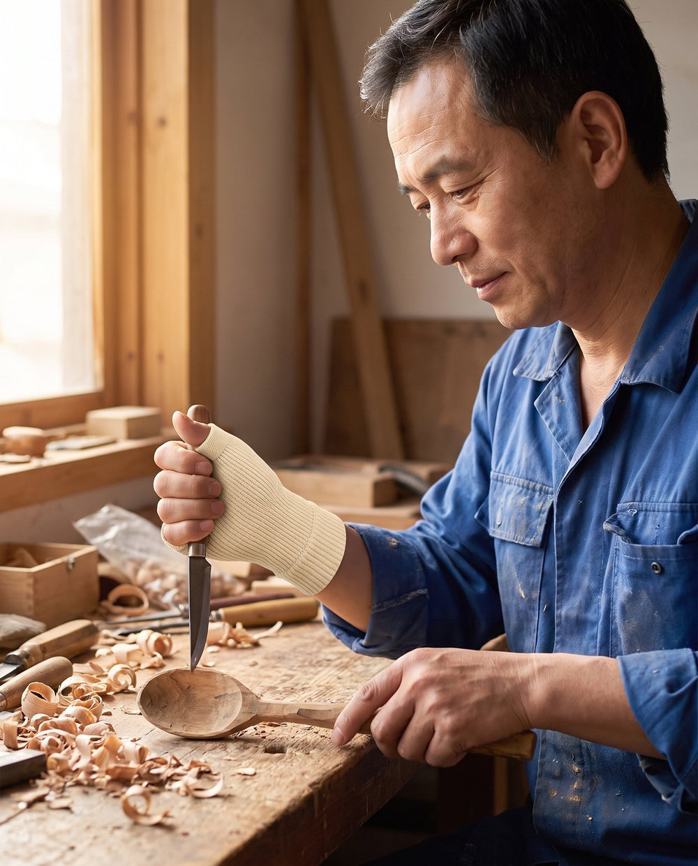A man carving a wooden spoon at a workbench, wearing the knit thumb sleeve with his fingers bare on the knife handle