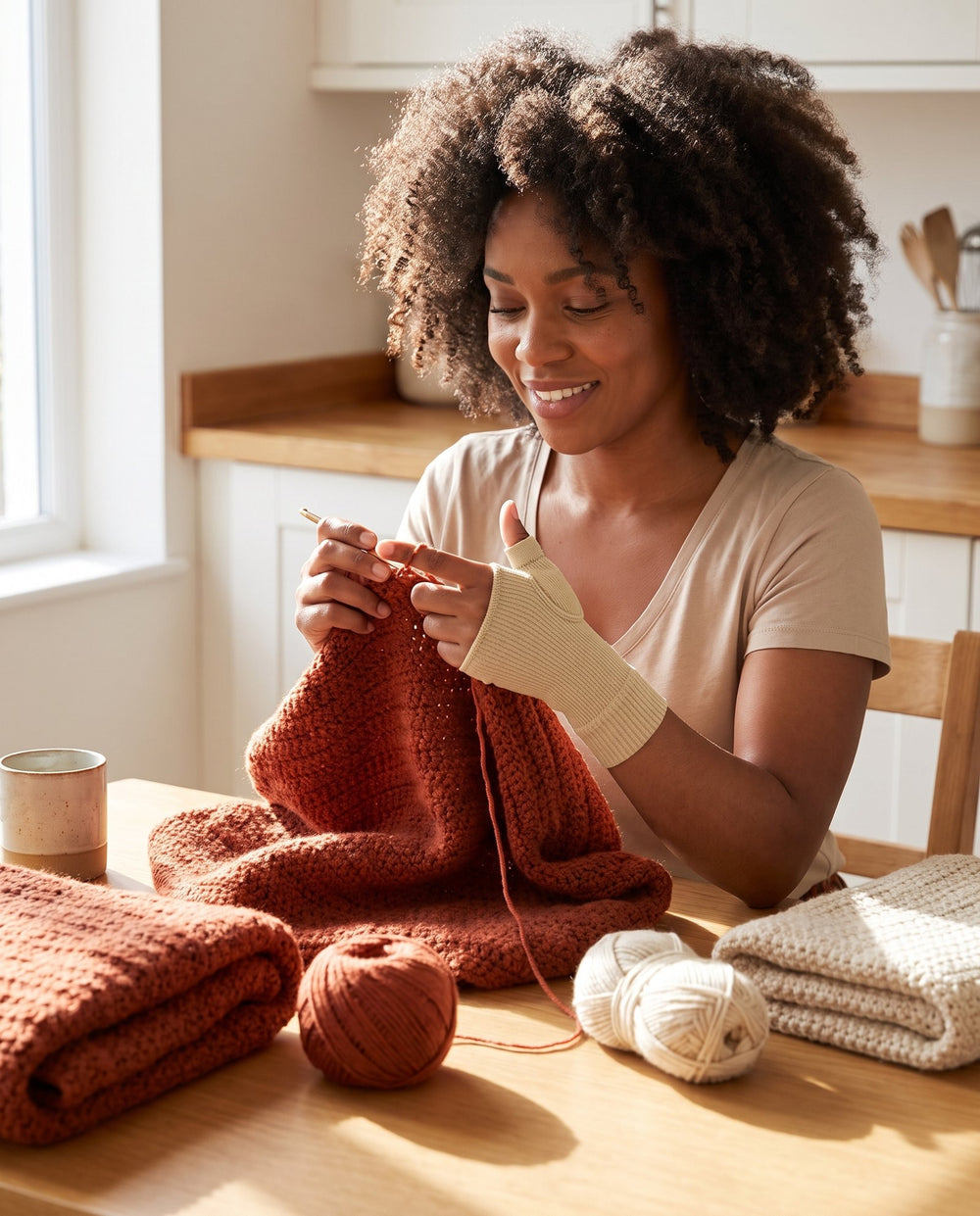 A woman crocheting a rust-coloured blanket at a kitchen table, wearing the knit thumb sleeve with all four fingers bare