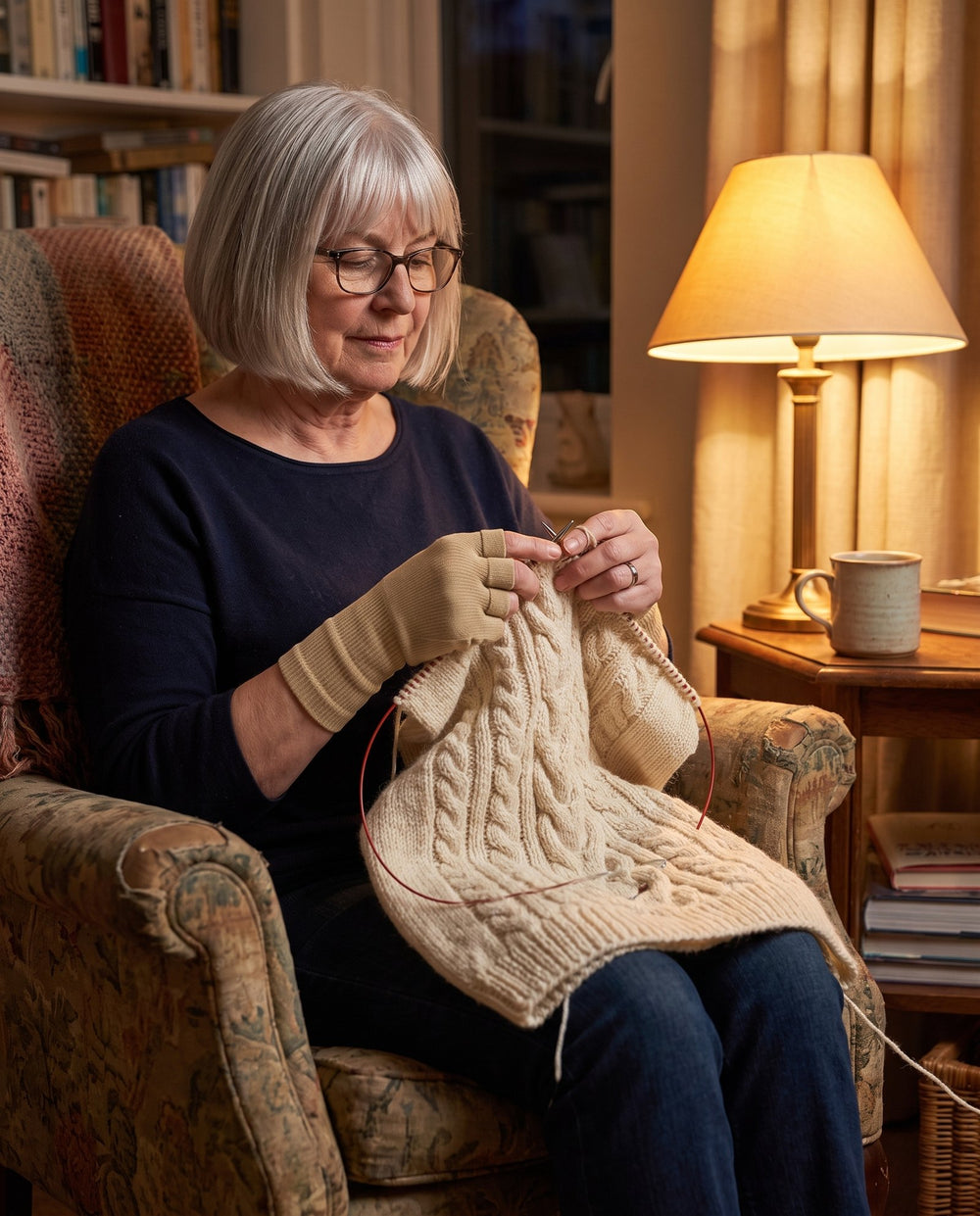 A woman knitting a cream cable jumper in an armchair, wearing the knit thumb sleeve with her fingers free on the needles