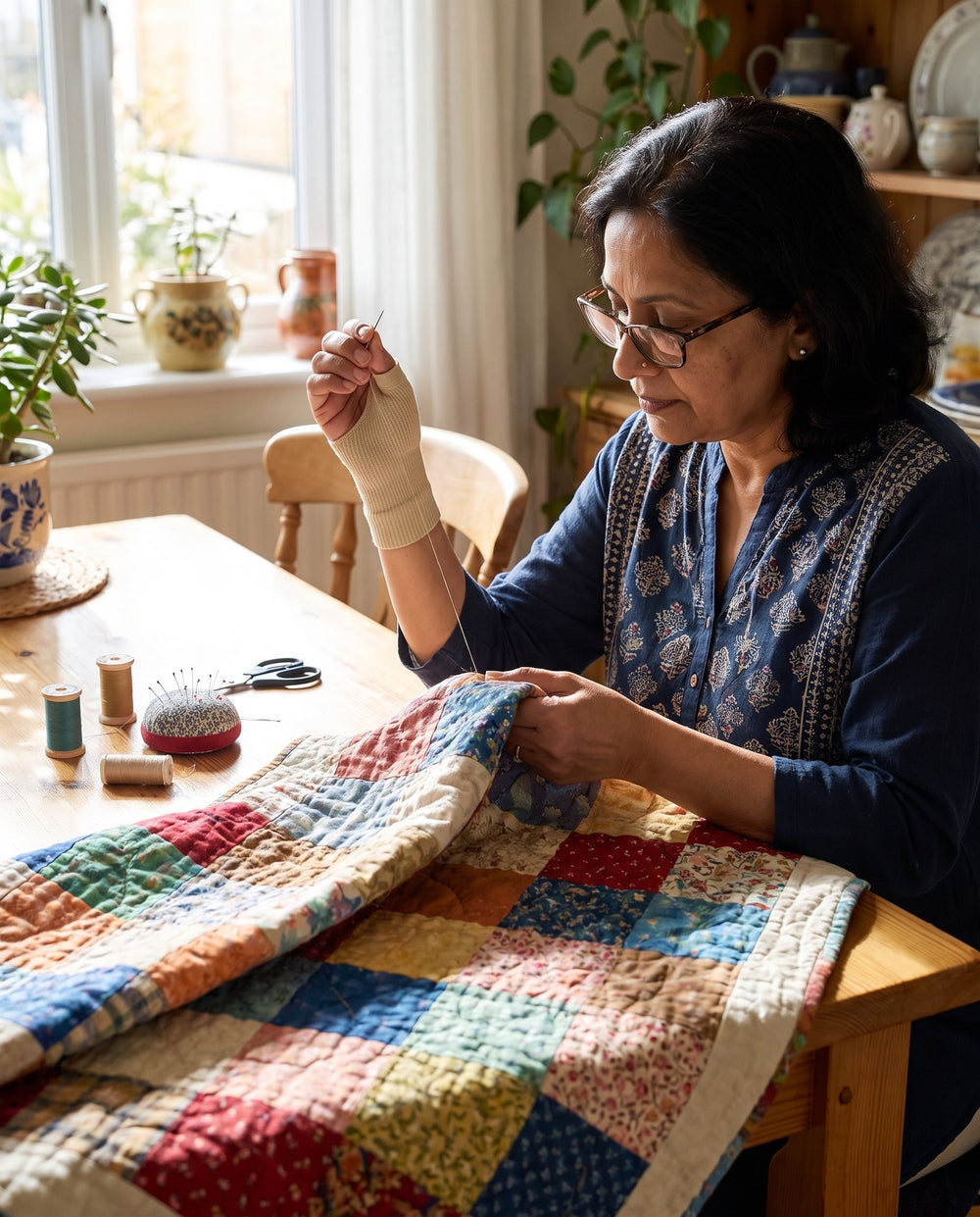 A woman hand-quilting a patchwork quilt at a sunlit table, wearing the knit thumb sleeve with her fingers bare on the needle