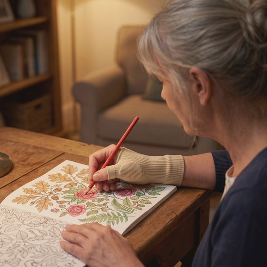 Video of a woman coloring a botanical page with a colored pencil while wearing the cream thumb sleeve, her fingers and thumb completely bare so she keeps full pressure control on the pencil
