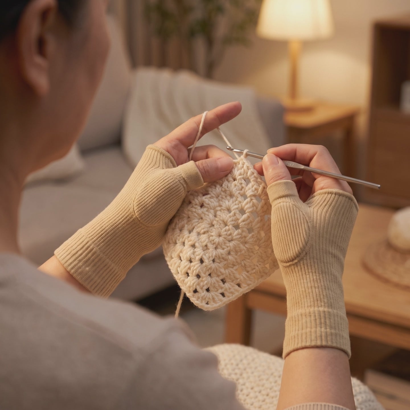 Video of a woman working a crochet granny square wearing the cream thumb sleeve on both hands, the cushioned pad over each thumb base and all fingers bare to grip the hook and tension the yarn